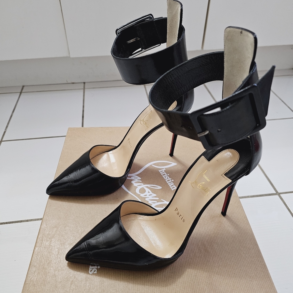 Authentic Christian Louboutin Black Patent Harler 100 Ankle Strap Pumps Sz 41 - Picture 2 of 16